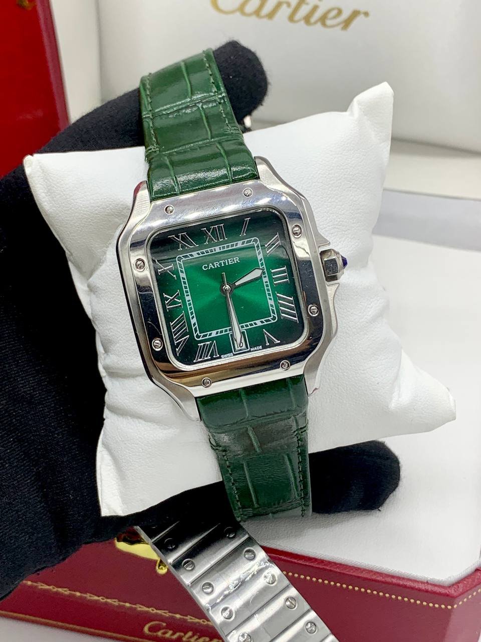 Cartier Santos Green Dial Watch with Leather + Metal Bracelet — image 1