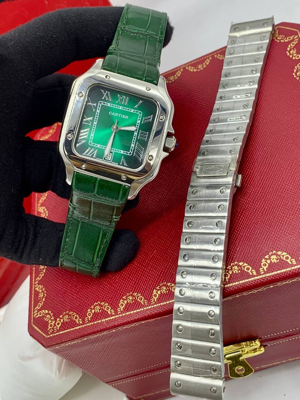 Cartier Santos Green Dial Watch with Leather + Metal Bracelet — image 2