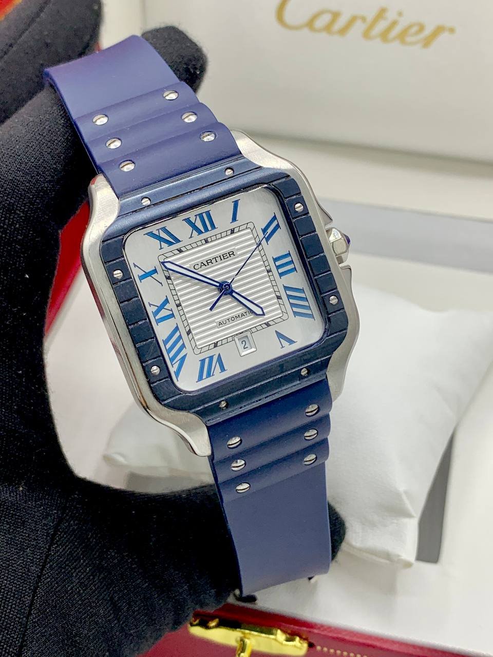 Cartier Santos Dual Strap Watch (Steel Bracelet + Blue Rubber)