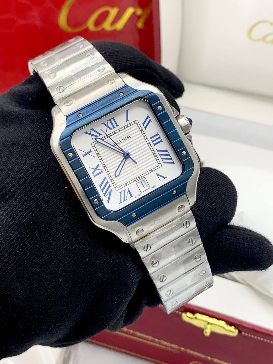 Cartier Santos Dual Strap Watch (Steel Bracelet + Blue Rubber) — image 2