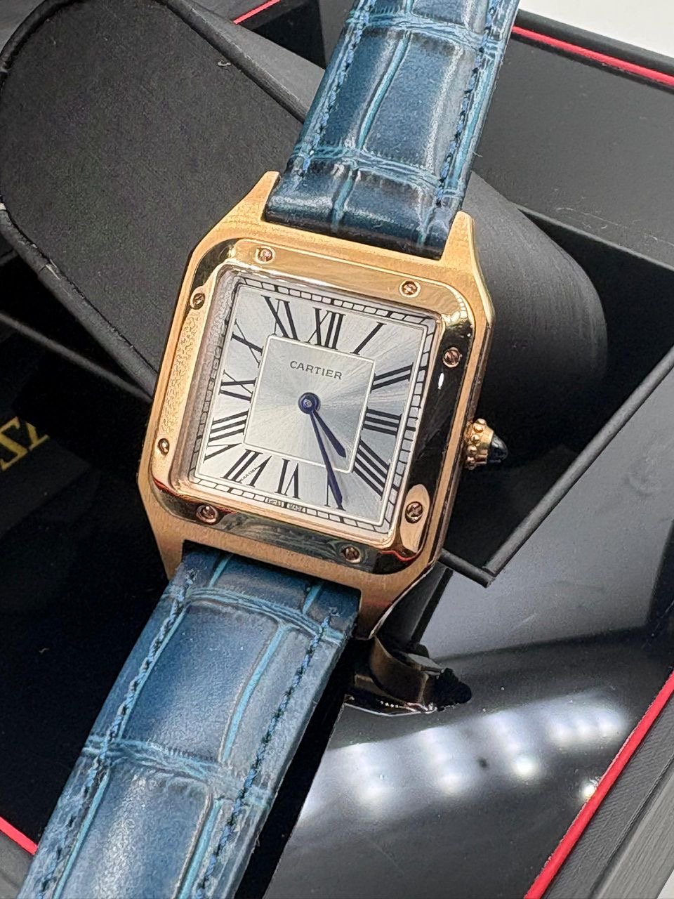 Cartier-Inspired Santos Dumont Square Watch – Rose Gold Case with Blue Leather Strap