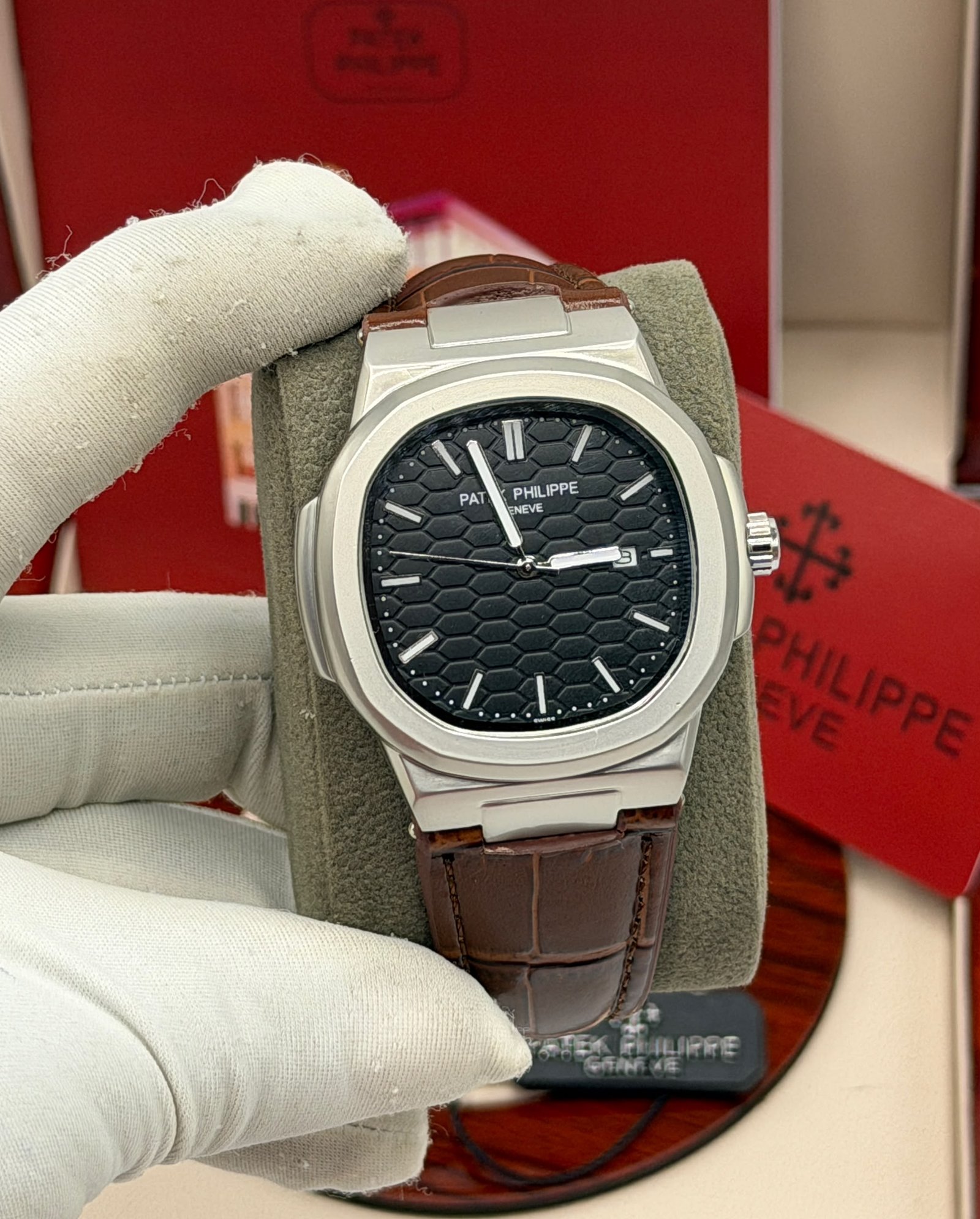 Patek Philippe-Inspired Nautilus Automatic Watch – Leather Strap (Multi-Color) — image 4