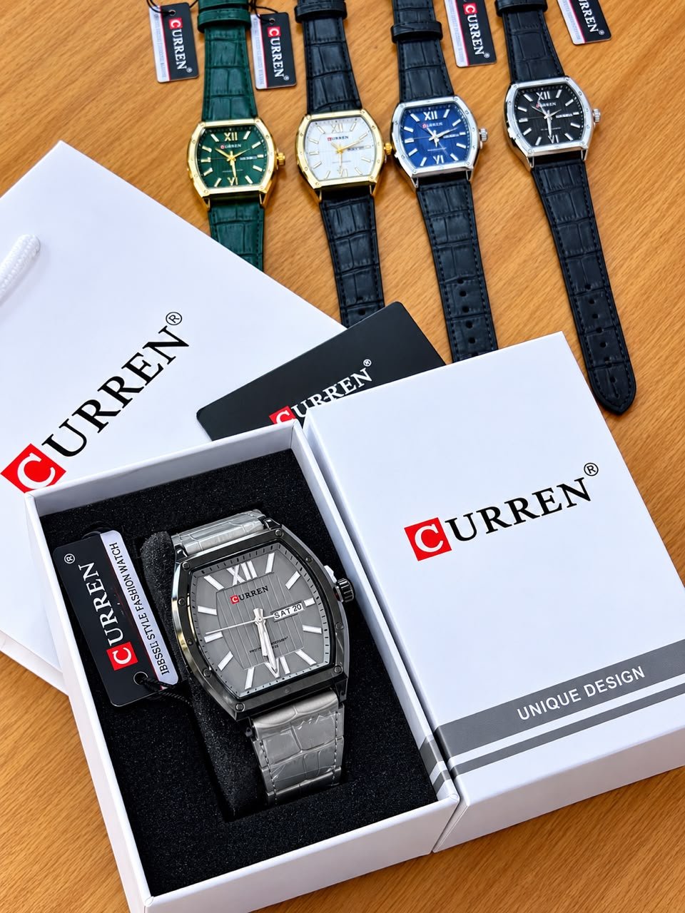 Curren Unique Design Tonneau Quartz Watch with Leather Strap