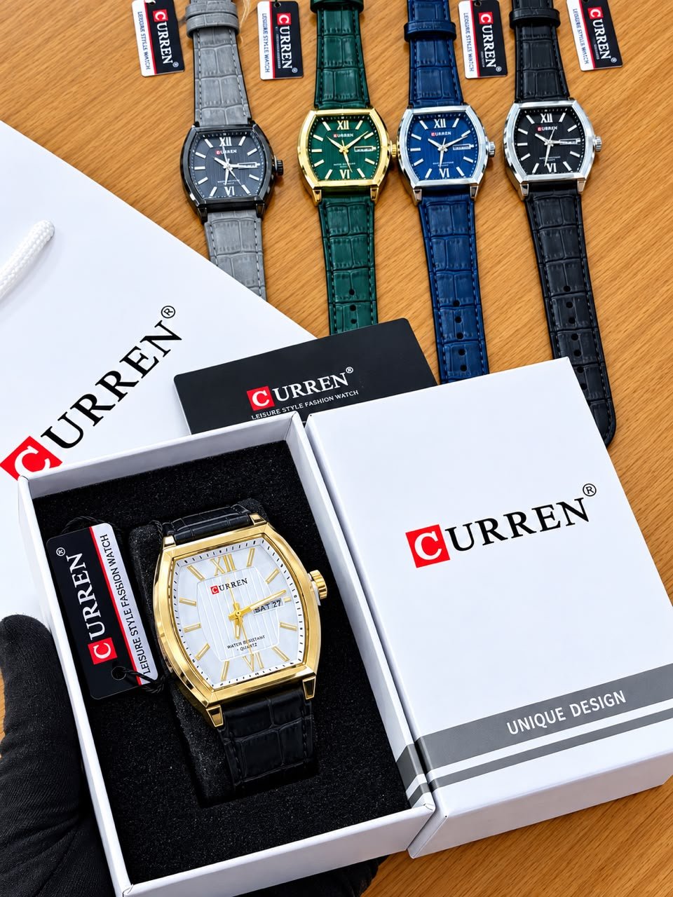 Curren Unique Design Tonneau Quartz Watch with Leather Strap — image 2