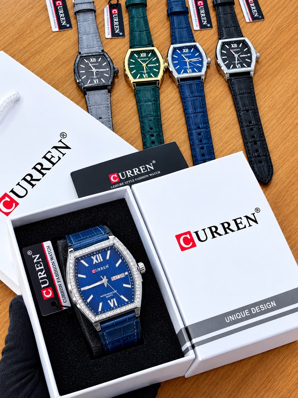Curren Unique Design Tonneau Quartz Watch with Leather Strap — image 3