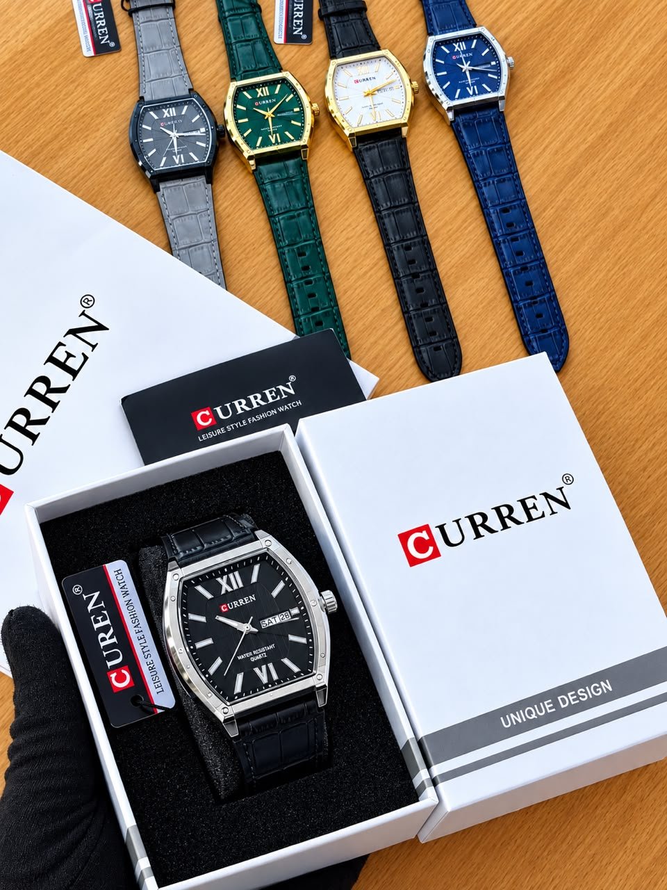 Curren Unique Design Tonneau Quartz Watch with Leather Strap — image 4