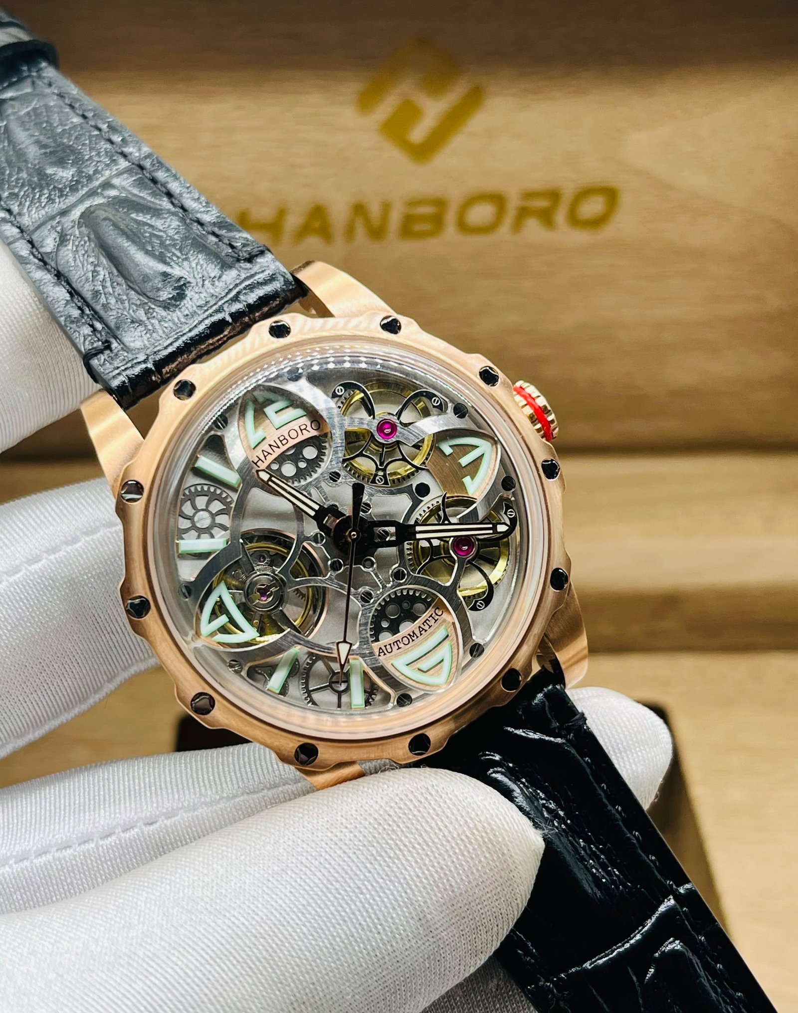 Hanboro Skeleton Automatic Watch with Leather Strap — image 1