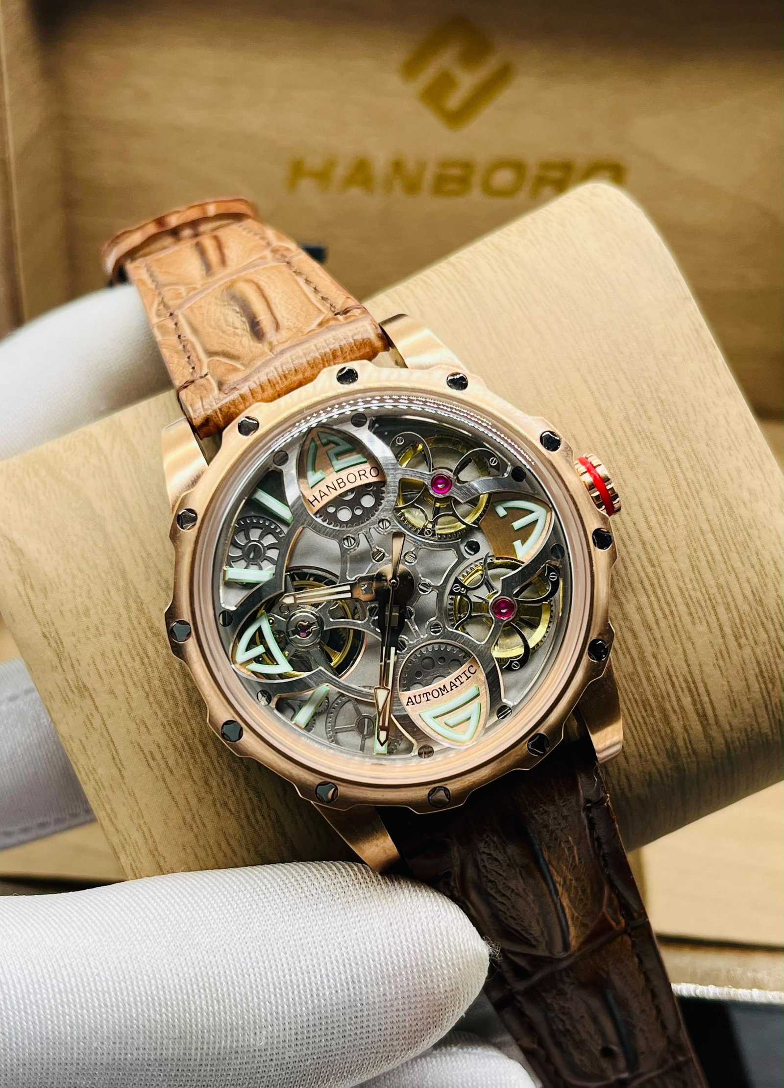 Hanboro Skeleton Automatic Watch with Leather Strap — image 2