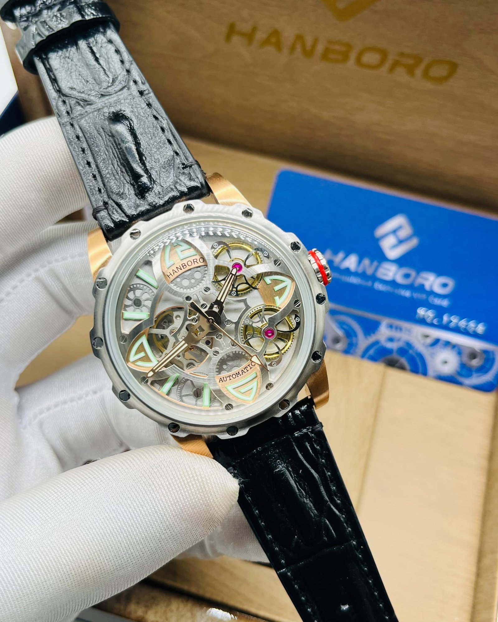 Hanboro Skeleton Automatic Watch with Leather Strap — image 3