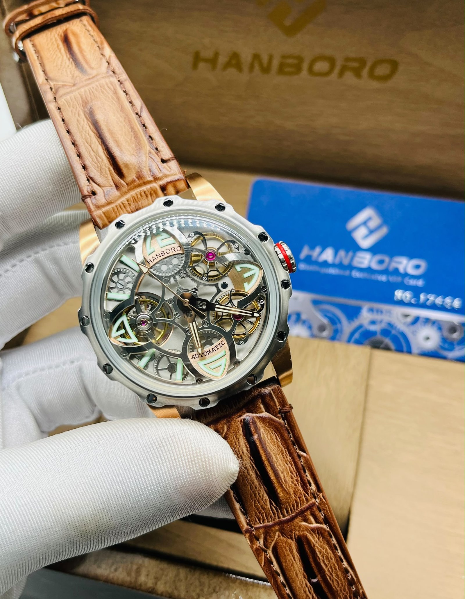 Hanboro Skeleton Automatic Watch with Leather Strap — image 4